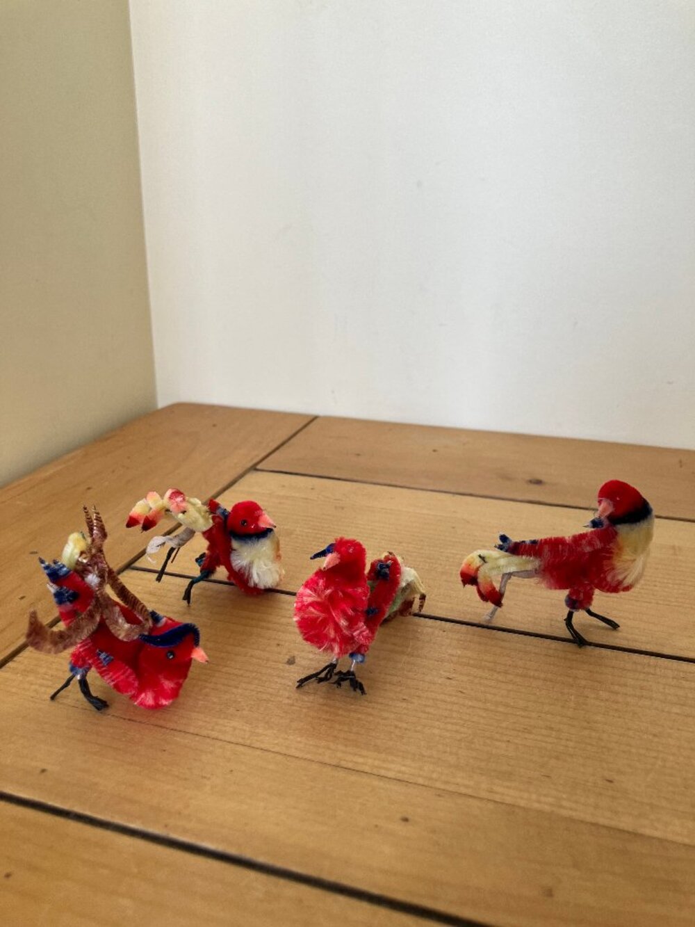 Chenille Wire Birds Set of 4 Red Multicolor Vintage Bird Decorations
